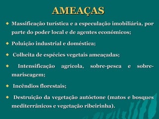AMEAÇAS   Massificação turística e a especulação imobiliária, por parte do poder local e de agentes económicos;  Poluição industrial e doméstica; Colheita de espécies vegetais ameaçadas; Intensificação agrícola, sobre-pesca e sobre-mariscagem; Incêndios florestais; Destruição da vegetação autóctone (matos e bosques mediterrânicos e vegetação ribeirinha). 