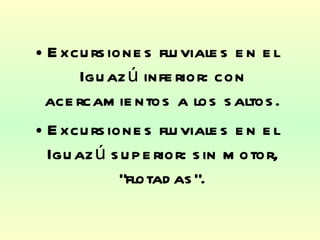 Excursiones fluviales en el Iguazú inferior: con acercamientos a los saltos. Excursiones fluviales en el Iguazú superior: sin motor, “flotadas”. 