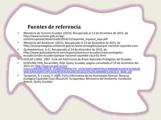 Fuentes de referencia
• Ministerio de Turismo Ecuador. (2014). Recuperado el 13 de diciembre de 2015, de
http://www.turismo.gob.ec/wp-
content/uploads/downloads/2014/12/cayambe_espanol_baja.pdf
• Ministerio del Ambiente. (2015). Recuperado el 14 de Diciembre de 2015, de
http://areasprotegidas.ambiente.gob.ec/areas-protegidas/parque-nacional-cayambe-coca
• Quitoadventure. (s.f.). Recuperado el 14 de diciembre de 2015, de
http://www.quitoadventure.com/espanol/aventura-ecuador/areas-protegidas-
ecuador/andes-ecuador/parque-nacional-cayambe-coca-01.html
• ECOLAP y MAE. 2007. Guía del Patrimonio de Áreas Naturales Protegidas del Ecuador.
• ECOFUND, FAN, DarwinNet, IGM. Quito, Ecuador, pagina consultada el 14 de diciembre del
2015 en: http://app.sni.gob.ec/sni-
link/sni/RESPALDOS/R_PLANIF/PROYECTO_GSTA/DOCUMENTOS/CAYAMBE%20COCA/INFOR
MACION%20RECOPILADA/RESERVA%20ECOLOGICA%20CAYAMBE%20COCA_MAE.pdf
• Tacoamán, S. y Lasso, S. 2005. Ficha Informativa de los Humedales Ramsar: Reserva
Ecológica Cayambe-Coca (Ñucanchi Turupamba). Ministerio del Ambiente, Fundación
Natura. Quito, Ecuador.
 