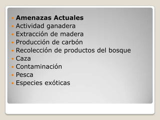 Amenazas ActualesActividad ganadera Extracción de madera Producción de carbón Recolección de productos del bosque Caza Contaminación Pesca Especies exóticas
