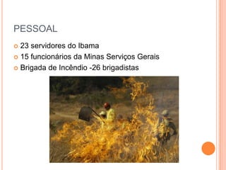 PESSOAL
 23 servidores do Ibama
 15 funcionários da Minas Serviços Gerais

 Brigada de Incêndio -26 brigadistas
 