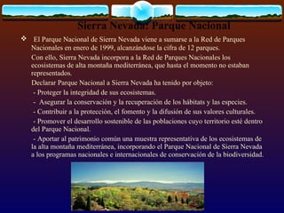 <ul><li>Sierra Nevada: Parque Nacional </li></ul><ul><li>El Parque Nacional de Sierra Nevada viene a sumarse a la Red de P...
