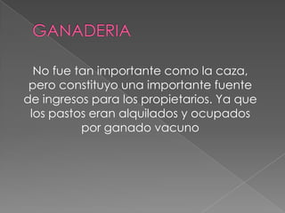 No fue tan importante como la caza,
pero constituyo una importante fuente
de ingresos para los propietarios. Ya que
los pastos eran alquilados y ocupados
por ganado vacuno
 