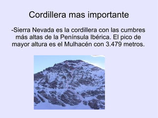 Cordillera mas importante
-Sierra Nevada es la cordillera con las cumbres
más altas de la Península Ibérica. El pico de
mayor altura es el Mulhacén con 3.479 metros.

 