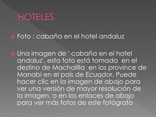  Foto : cabaña en el hotel andaluz
 Una imagen de ' cabaña en el hotel
andaluz', esta foto está tomada en el
destino de Machalilla en los province de
Manabi en el país de Ecuador. Puede
hacer clic en la imagen de abajo para
ver una versión de mayor resolución de
la imagen, o en los enlaces de abajo
para ver más fotos de este fotógrafo
 