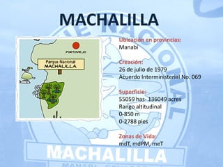 Ubicación en provincias:
Manabí
Creación:
26 de julio de 1979
Acuerdo Interministerial No. 069
Superficie:
55059 has- 136049 acres
Rango altitudinal
0-850 m
0-2788 pies
Zonas de Vida:
mdT, mdPM, meT
MACHALILLA
 