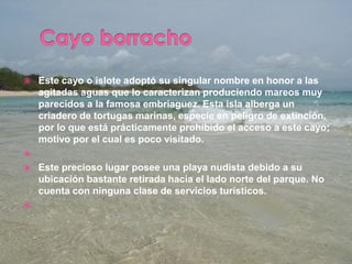  Este cayo o islote adoptó su singular nombre en honor a las
agitadas aguas que lo caracterizan produciendo mareos muy
parecidos a la famosa embriaguez. Esta isla alberga un
criadero de tortugas marinas, especie en peligro de extinción,
por lo que está prácticamente prohibido el acceso a este cayo;
motivo por el cual es poco visitado.

 Este precioso lugar posee una playa nudista debido a su
ubicación bastante retirada hacia el lado norte del parque. No
cuenta con ninguna clase de servicios turísticos.

 