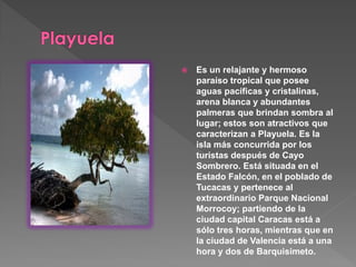  Es un relajante y hermoso
paraíso tropical que posee
aguas pacíficas y cristalinas,
arena blanca y abundantes
palmeras que brindan sombra al
lugar; estos son atractivos que
caracterizan a Playuela. Es la
isla más concurrida por los
turistas después de Cayo
Sombrero. Está situada en el
Estado Falcón, en el poblado de
Tucacas y pertenece al
extraordinario Parque Nacional
Morrocoy; partiendo de la
ciudad capital Caracas está a
sólo tres horas, mientras que en
la ciudad de Valencia está a una
hora y dos de Barquisimeto.
 