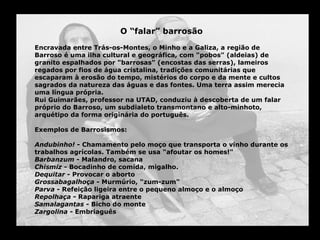 O “falar” barrosão
Encravada entre Trás-os-Montes, o Minho e a Galiza, a região de
Barroso é uma ilha cultural e geográfica, com "pobos" (aldeias) de
granito espalhados por "barrosas" (encostas das serras), lameiros
regados por fios de água cristalina, tradições comunitárias que
escaparam à erosão do tempo, mistérios do corpo e da mente e cultos
sagrados da natureza das águas e das fontes. Uma terra assim merecia
uma língua própria.
Rui Guimarães, professor na UTAD, conduziu à descoberta de um falar
próprio do Barroso, um subdialeto transmontano e alto-minhoto,
arquétipo da forma originária do português.

Exemplos de Barrosismos:

Andubinho! - Chamamento pelo moço que transporta o vinho durante os
trabalhos agrícolas. Também se usa "afoutar os homes!"
Barbanzum - Malandro, sacana
Chismiz - Bocadinho de comida, migalho.
Dequitar - Provocar o aborto
Grossabagalhoça - Murmúrio, "zum-zum"
Parva - Refeição ligeira entre o pequeno almoço e o almoço
Repolhaça - Rapariga atraente
Samalagantas - Bicho do monte
Zargolina - Embriaguês
 
