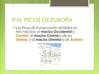 P.N. PICOS DE EUROPA
 LosPicos de Europa están divididos en
 tres macizos: el macizo Occidental o
 Cornión, el macizo Central o de los
 Urrieles, y el macizo Oriental o de Ándara.
 