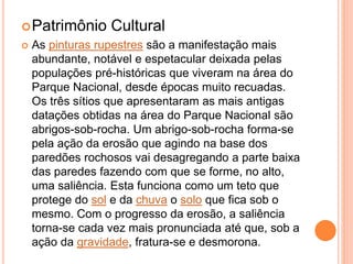Patrimônio Cultural
 As pinturas rupestres são a manifestação mais
abundante, notável e espetacular deixada pelas
populações pré-históricas que viveram na área do
Parque Nacional, desde épocas muito recuadas.
Os três sítios que apresentaram as mais antigas
datações obtidas na área do Parque Nacional são
abrigos-sob-rocha. Um abrigo-sob-rocha forma-se
pela ação da erosão que agindo na base dos
paredões rochosos vai desagregando a parte baixa
das paredes fazendo com que se forme, no alto,
uma saliência. Esta funciona como um teto que
protege do sol e da chuva o solo que fica sob o
mesmo. Com o progresso da erosão, a saliência
torna-se cada vez mais pronunciada até que, sob a
ação da gravidade, fratura-se e desmorona.
 