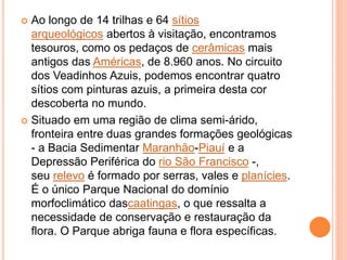  Ao longo de 14 trilhas e 64 sítios
arqueológicos abertos à visitação, encontramos
tesouros, como os pedaços de cerâmicas mais
antigos das Américas, de 8.960 anos. No circuito
dos Veadinhos Azuis, podemos encontrar quatro
sítios com pinturas azuis, a primeira desta cor
descoberta no mundo.
 Situado em uma região de clima semi-árido,
fronteira entre duas grandes formações geológicas
- a Bacia Sedimentar Maranhão-Piauí e a
Depressão Periférica do rio São Francisco -,
seu relevo é formado por serras, vales e planícies.
É o único Parque Nacional do domínio
morfoclimático dascaatingas, o que ressalta a
necessidade de conservação e restauração da
flora. O Parque abriga fauna e flora específicas.
 