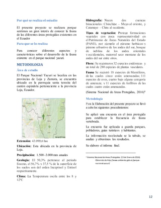 12
Por qué se realiza el estudio
El presente proyecto se realizara porque
sentimos un gran interés de conocer la fauna
de las diferentes áreas protegidas existentes en
el Ecuador
Para que se lo realiza
Para conocer diferentes aspectos y
características sobre el desarrollo de la fauna
existente en el parque nacional yacuri.
METODOLOGIA
Área de estudio
El Parque Nacional Yacuri se localiza en las
provincias de Loja y Zamora, se encuentra
ubicado en la parroquia santa teresita del
cantón espindola perteneciente a la provincia
Loja, Ecuador.
Extensión: 43.090,6 has
Ubicación: Esta ubicada en la provincia de
Loja.
Precipitación: 1.500 -3.000 mm anuales
Geología: El 50,3% pertenece al período
Eoceno, el 56,7% y 37,5 % de la superficie de
los suelos son del orden Inceptisol y Entisol
respectivamente.
Clima: La Temperatura oscila entre los 8 y
12ºC
Hidrografía: Nacen dos cuencas
binacionales: Chinchipe – Mayo al oriente, y
Catamayo – Chira al occidente.
Tipos de vegetación: Protege formaciones
vegetales con poca representatividad en
el Patrimonio de Áreas Naturales del Estado
(PANE), por ejemplo el páramo herbáceo y
páramo arbustivo de los andes del sur, bosque
de neblina de los andes orientales
y occidentales, matorral seco montano de los
andes del sur entre otros.
Flora: Se registraron 32 especies endémicas y
un total de 280 especies de plantas vasculares.
Fauna Se registró 18 especies de Mamíferos,
de las cuales cinco están amenazadas; 111
especies de aves, cuatro bajo alguna categoría
de amenaza; y 11 especies de Anfibios de las
cuales cuatro están amenazadas.
(Sistema Nacional de Areas Protegidas, 2016)4
Metodología
Para la Elaboración del presente proyecto se llevó
a cabo los siguientes procedimientos:
Se aplicó una encuesta en el área protegida
para establecer la frecuencia de fauna
vertebrada.
La encuesta fue aplicada a guarda parques,
pobladores, guias turisticos y habitantes.
La información recolectada se la tabulo, se
analizo y obtuvimos los resultados.
Se elaboro el informe final.
4 Sistema Nacionalde Areas Protegidas. (15de Enero de2016).
Obtenido de http://www.ambiente.gob.ec/parque-
nacional-yacuri/
 