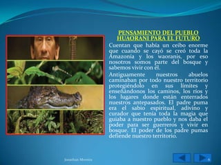 PENSAMIENTO DEL PUEBLO
                      HUAORANI PARA EL FUTURO
                   Cuentan que había un ceibo enorme
                   que cuando se cayó se creó toda la
                   Amazonía y los waoranis, por eso
                   nosotros somos parte del bosque y
                   sabemos vivir con él.
                   Antiguamente       nuestros   abuelos
                   caminaban por todo nuestro territorio
                   protegiéndolo en sus límites y
                   enseñándonos los caminos, los ríos y
                   los lugares donde están enterrados
                   nuestros antepasados. El padre puma
                   era el sabio espiritual, adivino y
                   curador que tenía toda la magia que
                   guiaba a nuestro pueblo y nos daba el
                   poder para ser guerreros y vivir en
                   bosque. El poder de los padre pumas
                   defiende nuestro territorio.


Jonathan Moreira                                       6
 