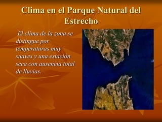 Clima en el Parque Natural del
             Estrecho
 El clima de la zona se
distingue por
temperaturas muy
suaves y una estación
seca con ausencia total
de lluvias.
 