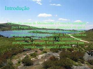 Introdução
A área das serras de Montesinho e Coroa foi escolhida
para Parque Natural por reunir condições em que é
visível a integração harmoniosa do homem com o
meio ambiente. O Parque Natural de Montesinho foi
criado em 1979, sendo uma das maiores áreas
protegidas de Portugal. Este também encerra uma
imensa riqueza natural e cultural.
 