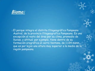 Bioma:

oEl parque integra el distrito fitogeográfico Pampeano
Austral, de la provincia fitogeografíca Pampeana. Es una
excepción al resto del área por su clima, promedio de
lluvias, y altitud; por ejemplo, tiene dentro de su
formación orográfica al cerro Ventana, de 1.134 msnm.,
que es por lejos una altura muy superior a la media de la
región pampeana.

 