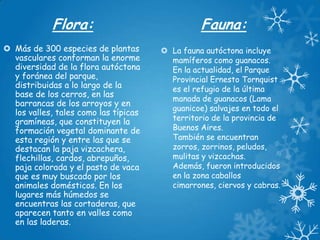 Flora:
 Más de 300 especies de plantas
vasculares conforman la enorme
diversidad de la flora autóctona
y foránea del parque,
distribuidas a lo largo de la
base de los cerros, en las
barrancas de los arroyos y en
los valles, tales como las típicas
gramíneas, que constituyen la
formación vegetal dominante de
esta región y entre las que se
destacan la paja vizcachera,
flechillas, cardos, abrepuños,
paja colorada y el pasto de vaca
que es muy buscado por los
animales domésticos. En los
lugares más húmedos se
encuentras las cortaderas, que
aparecen tanto en valles como
en las laderas.

Fauna:
 La fauna autóctona incluye
mamíferos como guanacos.
En la actualidad, el Parque
Provincial Ernesto Tornquist
es el refugio de la última
manada de guanacos (Lama
guanicoe) salvajes en todo el
territorio de la provincia de
Buenos Aires.
También se encuentran
zorros, zorrinos, peludos,
mulitas y vizcachas.
Además, fueron introducidos
en la zona caballos
cimarrones, ciervos y cabras.

 
