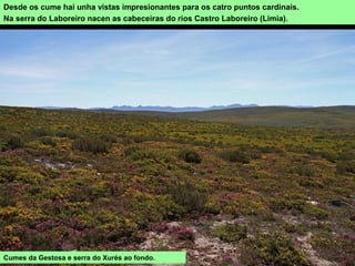 Desde os cume hai unha vistas impresionantes para os catro puntos cardinais.
Na serra do Laboreiro nacen as cabeceiras do ríos Castro Laboreiro (Limia).
Cumes da Gestosa e serra do Xurés ao fondo.
 