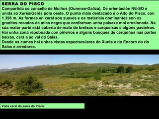 SERRA DO PISCO
Compartida co concello de Muíños (Ourense-Galiza). De orientación NE-SO e
unida ao Xurés/Gerês polo oeste. O punto máis destacado é o Alto do Pisco, con
1.398 m. As formas en xeral son suaves e os materiais dominantes son os
granitos rosados de mica negra que conforman unha paisaxe moi erosionada. Na
súa maior parte está cuberta de mato de breixos e carqueixas e algúns pasteiros.
Hai unha zona repoboada con piñeiros e algúns bosques de cerquiños nas partes
baixas, cara a ao val do Salas.
Desde os cumes hai unhas vistas espectaculares do Xurés e do Encoro do río
Salas e arredores.
Vista xeral da serra do Pisco.
 