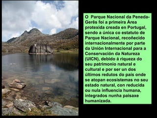 O Parque Nacional da Peneda-
Gerês foi a primeira Área
protexida creada en Portugal,
sendo a única co estatuto de
Parque Nacional, recoñecido
internacionalmente por parte
da Unión Internacional para a
Conservación da Natureza
(UICN), debido á riqueza do
seu patrimonio natural e
cultural e por ser un dos
últimos redutos do país onde
se atopan ecosistemas no seu
estado natural, con reducida
ou nula influencia humana,
integrados nunha paisaxe
humanizada.
 