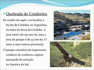 Quebrada de Condorito: foi criado em 1996, e se localiza a 85 km de Córdoba, na Argentina, no meio da Serra de Córdoba. A área total é de 150.000 ha, mas a área do parque é de 37.000 ha. O resto é uma reserva provincial. O parque constitui um importante criadeiro de condores, espécie ameaçada de extinção na América do Sul. 