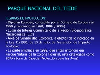 PARQUE NACIONAL DEL TEIDE FIGURAS DE PROTECCIÓN: - Diploma Europeo, concedido por el Consejo de Europa (en 1989 y renovado en 1994, 1999 y 2004) - Lugar de Interés Comunitario de la Región Biogeográfica Macaronésica (LIC)  - Área de Sensibilidad Ecológica, a efectos de lo indicado en la Ley 11/1990, de 13 de julio, de Prevención de Impacto Ecológico - La parte ampliada en 1999, que antes entonces era Parque Natural de la Corona Forestal, está catalogada como ZEPA (Zona de Especial Protección para las Aves). 