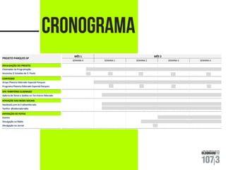 MÊS 1 
SEMANA 4 SEMANA 1 SEMANA 2 SEMANA 3 SEMANA 4 
DIVULGAÇÃO DO PROJETO 
Anúncios O Estadao de S. Paulo 
CONTEÚDO 
Programa Planeta Eldorado Especial Parques 
SITE TERRITÓRIO ELDORADO 
Galeria de fotos e áudios no Território Eldorado 
ATIVAÇÃO NAS REDES SOCIAIS 
facebook.com.br/radioeldorado 
Twitter @eldoradoradio 
EXPOSIÇÃO DE FOTOS 
Evento 
Divulgação na Rádio 
Divulgação no Jornal 
Chamadas na Programação 
Drops Planeta Eldorado Especial Parques 
PROJETO PARQUES SP 
MÊS 2 
 