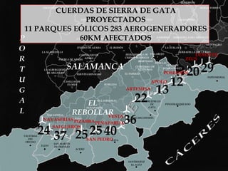 TENEBRÓN FUENTES DE OÑORO MORAS VERDES CARPIO DE AZABA CIUDAD RODRIGO CUERDAS DE SIERRA DE GATA                         PROYECTADOS                                                                           11 PARQUES EÓLICOS 283 AEROGENERADORES 60KM AFECTADOS ESPEJA SANJUANEJO GUADAPERO AGUEDA DEL CAUDILLO PASTORES ZAMARRA SERRADILLA DEL ARROLLO LA ENCINA CAMPILLO DE AZABA MONSAGRO EL BODÓN ITUERO DE AZABA LA ATALAYA LA ALAMEDILLA SERRADILLA DEL LLANO VILLAREJO HERGUIJUELA DE CIUDAD RODRIGO CASTILLEJO DE AZABA PUEBLA DE AZABA MARTIAGO AGALLAS VEGAS DE DOMINGO REY CESPEDOSA DE AGADONES CASARES DE LAS HURDES LA ALBERGUERÍA DE ARGAÑAN PORTUGAL EL SAHUGO FUENTEGUINALDO NUÑOMORAL GATA CASILLAS DE FLORES ROBLEDA EL REBOLLAR VILLASRUIBIAS PINOFRANQUEADO PEÑAPARDA DE NAVASFRÍAS EL PAYO ROBLEDILLO        DE                      GATA SIERRA VALVERDE DEL      FRESNO CÁCERES GATA DESCARGAMARÍA SAN MARTÍN DE TREVEJO ELJAS ACEBO SANTIBAÑEZ EL ALTO DEMETER ZEUS 29 SALAMANCA 20 POSEIDÓN 12 APOLO 13 ARTEMISA 22 36 VESTA NAVASFRÍAS PIZARRA PEÑAPARDA 24 25 40 SALGUEROS 25 37 SAN PEDRO 