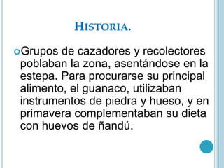 HISTORIA.
Grupos  de cazadores y recolectores
 poblaban la zona, asentándose en la
 estepa. Para procurarse su principal
 alimento, el guanaco, utilizaban
 instrumentos de piedra y hueso, y en
 primavera complementaban su dieta
 con huevos de ñandú.
 