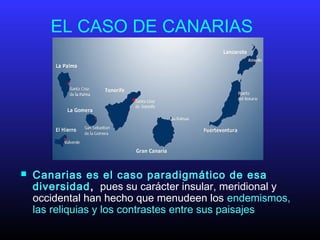 EL CASO DE CANARIAS
 Canarias es el caso paradigmático de esa
diversidad,  pues su carácter insular, meridional y
occidental han hecho que menudeen los endemismos,
las reliquias y los contrastes entre sus paisajes
 