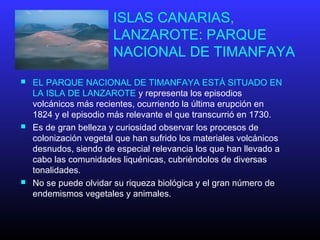 ISLAS CANARIAS,
LANZAROTE: PARQUE
NACIONAL DE TIMANFAYA
 EL PARQUE NACIONAL DE TIMANFAYA ESTÁ SITUADO EN
LA ISLA DE LANZAROTE y representa los episodios
volcánicos más recientes, ocurriendo la última erupción en
1824 y el episodio más relevante el que transcurrió en 1730.
 Es de gran belleza y curiosidad observar los procesos de
colonización vegetal que han sufrido los materiales volcánicos
desnudos, siendo de especial relevancia los que han llevado a
cabo las comunidades liquénicas, cubriéndolos de diversas
tonalidades.
 No se puede olvidar su riqueza biológica y el gran número de
endemismos vegetales y animales.
 