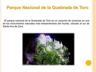 Parque Nacional de la Quebrada de Toro
El parque nacional de la Quebrada de Toro es un conjunto de cavernas es uno
de los monumentos naturales más extraordinarios del mundo, ubicado al sur de
Santa Ana de Coro
 