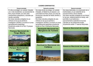 CUADRO COMPARATIVO
Parques nacionales Santuarios nacionales Reservas nacionales
En ellos se protegen con carácter intangible
uno o más ecosistemas. Las asociaciones de
flora y fauna silvestre, así como otras
características paisajísticas y culturales que
resulten asociadas
Son áreas naturales protegidas de uso
indirecto en las que se permite la
investigación científica y el turismo en zonas
apropiadamente designadas
Actualmente existen en el Perú 15 parques
Nacionales.
Son áreas donde se protege, con carácter
intangible, el hábitat de una especie o una
comunidad de la flora y fauna, así como las
formaciones naturales de interés científico y
paisajístico.
Son áreas naturales protegidas de usos
indirecto en las que se permite la
investigación científica y el turismo en zonas
apropiadamente designadas actualmente
existen en Perú 9 Santuarios Nacionales.
Son áreas destinadas a la conservación de la
biodiversidad y el uso sostenible de los
recursos de flora y fauna silvestre.
Son áreas naturales protegidas de uso directo
en las que, mediante planes de manejo, está
permitido el uso tradicional y
aprovechamiento sostenible de recursos
naturales por las poblaciones locales.
Actualmente existen 17 reservas Nacionales.
 