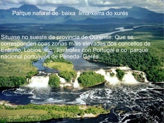 Parque natural de baixa lima-xerra do xurés



Situase no sueste da provincia de Ourense. Que se
      
corresponden coas zonas máis elevadas dos concellos de
Entrimo, Lobios ,etc., limítrofes con Portugal e co parque
nacional portugués de Peneda- Gerês.
 