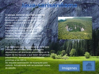 El  parque nacional Jaua-Sarisariñama  es un parque nacional de Venezuela, localizado al suroeste del estado Bolívar, donde nacen los ríos Caura, Erebato y Ventuari. Está formado principalmente por tres mesetas de arenisca de la formación Roraima, llamados por el pueblo indígena de los maquiritare Jaua-Jidi, Sarisariñama-Jidi y Guanacoco-Jidi. Fue declarado parque nacional en 1978 para proteger las primeras simas (peculiares depresiones) en areniscas encontradas en la región de los tepuyes y que datan del período precámbrico, alcanzando profundidades próximas a los 350 m. Se requiere autorización de Inparques para visitarlo. Actualmente solo se autorizan visitas de estudio. Imágenes 