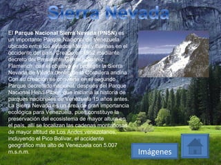 El  Parque Nacional Sierra Nevada (PNSN)  es un importante Parque Nacional de Venezuela ubicado entre los estados Mérida y Barinas en el occidente del país. Creado en 1952 mediante decreto del Presidente Germán Suárez Flamerich, con el objetivo de proteger la Sierra Nevada de Mérida dentro de la Cordillera andina Con su creación se convierte en el segundo Parque decretado nacional, después del Parque Nacional Henri Pittier, que iniciaría la historia de parques nacionales de Venezuela 15 años antes. La Sierra Nevada es un área de gran importancia ecológica para Venezuela, pues constituye la preservación del ecosistema de mayor altura en el país, allí se localizan las cadenas montañosas de mayor altitud de Los Andes venezolanos, incluyendo el Pico Bolívar, el accidente geográfico más alto de Venezuela con 5.007 m.s.n.m. Imágenes 