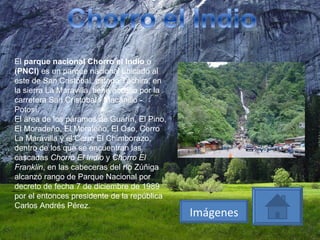 El  parque nacional Chorro el Indio  o  (PNCI)  es un parque nacional ubicado al este de San Cristóbal, estado Táchira, en la sierra La Maravilla, tiene acceso por la carretera San Cristóbal - Macanillo - Potosí. El área de los páramos de Guarín, El Pino, El Moradeño, El Moraleño, El Oso, Cerro La Maravilla y el Cerro El Chimborazo, dentro de los que se encuentran las cascadas  Chorro El Indio  y  Chorro El Franklin , en las cabeceras del río Zúñiga alcanzó rango de Parque Nacional por decreto de fecha 7 de diciembre de 1989 por el entonces presidente de la república Carlos Andrés Pérez. Imágenes 