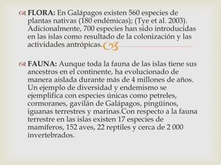 
 FLORA: En Galápagos existen 560 especies de
plantas nativas (180 endémicas); (Tye et al. 2003).
Adicionalmente, 700 especies han sido introducidas
en las islas como resultado de la colonización y las
actividades antrópicas.
 FAUNA: Aunque toda la fauna de las islas tiene sus
ancestros en el continente, ha evolucionado de
manera aislada durante más de 4 millones de años.
Un ejemplo de diversidad y endemismo se
ejemplifica con especies únicas como petreles,
cormoranes, gavilán de Galápagos, pingüinos,
iguanas terrestres y marinas.Con respecto a la fauna
terrestre en las islas existen 17 especies de
mamíferos, 152 aves, 22 reptiles y cerca de 2 000
invertebrados.
 