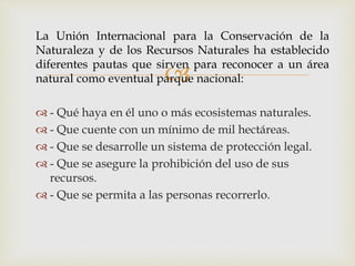 
La Unión Internacional para la Conservación de la
Naturaleza y de los Recursos Naturales ha establecido
diferentes pautas que sirven para reconocer a un área
natural como eventual parque nacional:
 - Qué haya en él uno o más ecosistemas naturales.
 - Que cuente con un mínimo de mil hectáreas.
 - Que se desarrolle un sistema de protección legal.
 - Que se asegure la prohibición del uso de sus
recursos.
 - Que se permita a las personas recorrerlo.
 