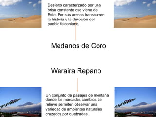 Medanos de Coro
Waraira Repano
Un conjunto de paisajes de montaña
donde los marcados cambios de
relieve permiten observar una
variedad de ambientes naturales
cruzados por quebradas.
Desierto caracterizado por una
brisa constante que viene del
Este. Por sus arenas transcurren
la historia y la devoción del
pueblo falconiano.
 