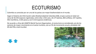ECOTURISMO
Colombia es conocida por ser uno de los países con mayor biodiversidad en el mundo.
Según el Sistema de Información sobre Biodiversidad de Colombia (SIB), el país cuenta en total con
cerca de 56.343 especies registradas; entre ellas 1.921 aves, 26.177 plantas, 803 anfibios, 537 reptiles,
492 mamíferos, 3.435 peces y con 9.153 especies endémicas.
De acuerdo a cifras del UNWTO World Tourism Organization, el ecoturismo es considerado uno de los
sectores de mayor crecimiento en el sector turístico, con un 5% de incremento anual y alrededor del
6% del PIB a nivel mundial.
 