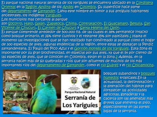 El parque nacional natural serranía de los yariguies se encuentra ubicado en la Cordillera
Oriental en la Región Andina de los Andes en Colombia. Su superficie hace parte
del departamento de Santander. Lleva este nombre en honor a sus antiguos habitantes
ancestrales, los indígenas Yariguíes.
Los municipios mas cercanos al parque
son Socorro, Hato, Galán, Zapatoca, Chima, Contratación, El Guacamayo, Betulia, San
Vicente de Chucurí, El Carmen de Chucurí y Santa Helena del Opón.
El parque comprende alrededor de 500.000 ha. de las cuales el 38% permanece intacto
como bosque primario, el 26% tiene cultivos y el restante 35% son pastizales.1 Hasta el
momento las investigaciones que se han realizado han confirmado al parque como el hogar
de 300 especies de aves, algunas endémicas de la región, entre estas se destacan la Perdiz
santandereana, El Paujíl del Pico Azul y el Gorrión montés de los Yariguíes. Esta zona es
importante por su gran biodiversidad, en especial por sus aves, ya que el 54 por ciento de
las especies de aves, que se conocen en Colombia, están en la zona.2 Además, en la
serranía nacen más de 60 quebradas y ríos que son afluentes de muchos de los más
importantes ríos del departamento de Santander, como el río Suárez y el río Chicamocha.
bosques subandinos y bosques
húmedos tropicales.En la
actualidad, la deforestación y
la alteración del hábitat para
fortalecer las actividades
agrícolas, ganaderas y la
cacería son las amenazas más
graves que enfrenta el sitio,
especialmente en las partes
bajas de la serranía.
 