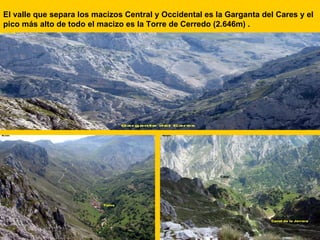 El valle que separa los macizos Central y Occidental es la Garganta del Cares y el pico más alto de todo el macizo es la Torre de Cerredo (2.646m) . 