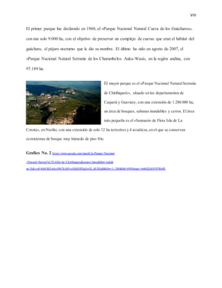 VIII
El primer parque fue declarado en 1960, el «Parque Nacional Natural Cueva de los Guácharos»,
con tan solo 9.000 ha, con el objetivo de preservar un complejo de cuevas que eran el hábitat del
guácharo, el pájaro nocturno que le dio su nombre. El último ha sido en agosto de 2007, el
«Parque Nacional Natural Serranía de los Churumbelos Auka-Wasi», en la región andina, con
97.189 ha.
El mayor parque es el «Parque Nacional NaturalSerranía
de Chiribiquete», situado en los departamentos de
Caquetá y Guaviare, con una extensión de 1.280.000 ha,
un área de bosques, sabanas inundables y cerros. El área
más pequeña es el «Santuario de Flora Isla de La
Corota», en Nariño, con una extensión de solo 12 ha terrestres y 4 acuáticas,en el que se conservan
ecosistemas de bosque muy húmedo de piso frío.
Grafico No. 2 https://www.google.com/search?q=Parque+Nacional
+Natural+Serran%C3%ADa+de+Chiribiquete&source=lnms&tbm=isch&
sa=X&ved=0ahUKEwjtyri9tt7kAhVyuVkKHfGgArcQ_AUIEigB&biw=1 280&bih=689#imgrc=6n8tQ2sE4VFMaM:
 