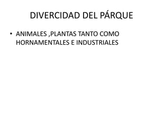 DIVERCIDAD DEL PÁRQUE
• ANIMALES ,PLANTAS TANTO COMO
HORNAMENTALES E INDUSTRIALES