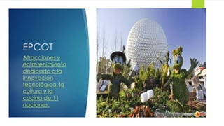 EPCOT
Atracciones y
entretenimiento
dedicado a la
innovación
tecnológica, la
cultura y la
cocina de 11
naciones.
 