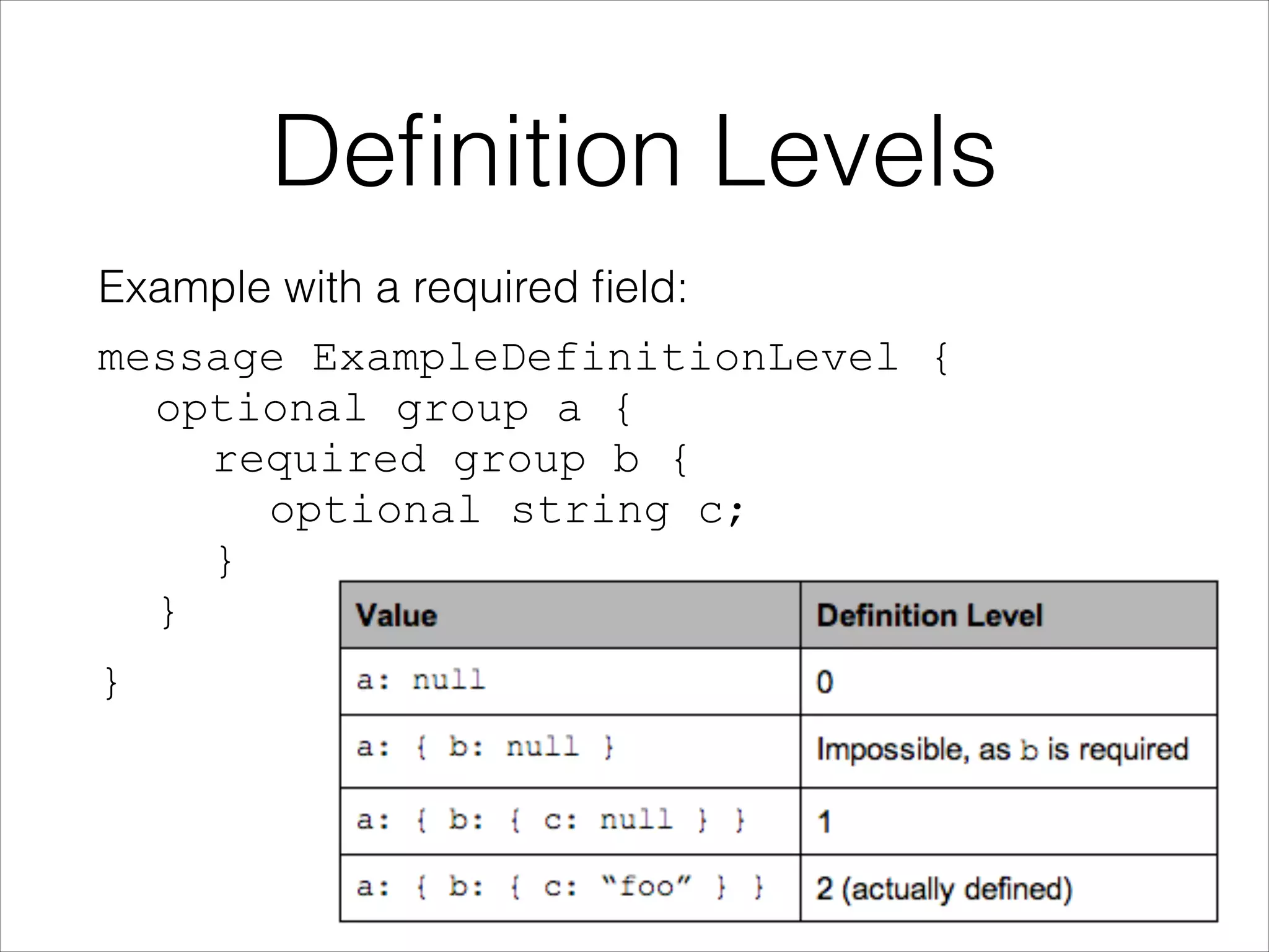 Deﬁnition Levels
Example with a required ﬁeld:
message ExampleDefinitionLevel {  
optional group a { 
required group b { 
optional string c; 
} 
}
}

 