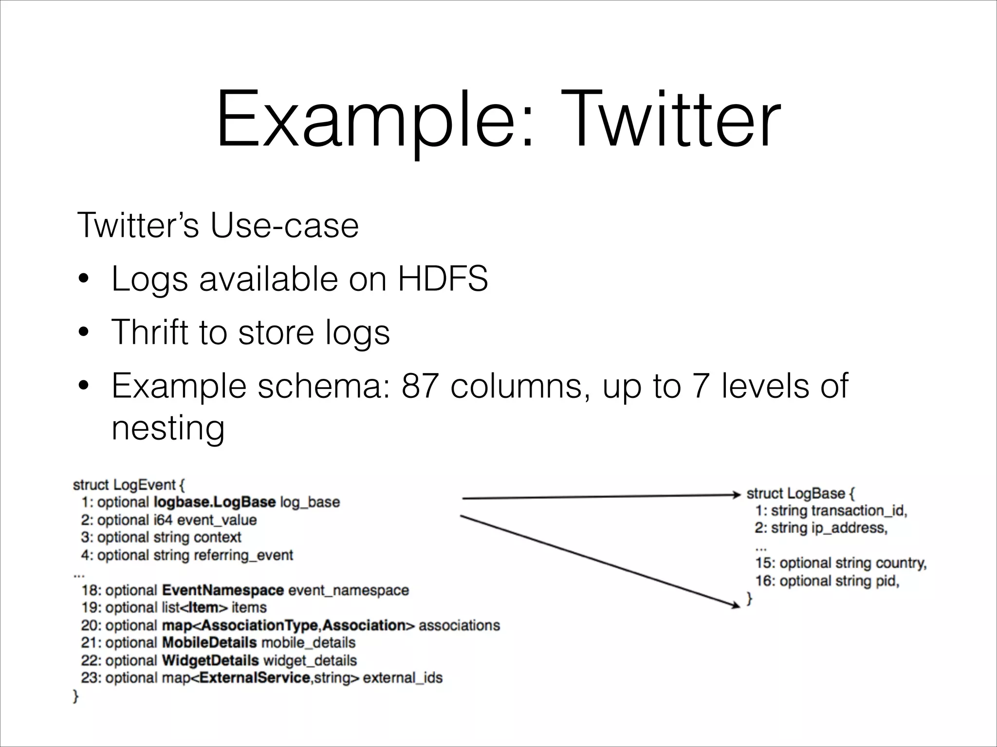Example: Twitter
Twitter’s Use-case
•

Logs available on HDFS

•

Thrift to store logs

•

Example schema: 87 columns, up to 7 levels of
nesting

 