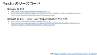 Presto Υ``
: https://prestodb.io/docs/current/release/release-0.138.html
? Release 0.137
? https://github.com/prestodb/presto/releases/tag/0.137
? https://github.com/prestodb/presto/tree/73d6484905b0813d0e20ea71478136547913764a/presto-
hive/src/main/java/com/facebook/presto/hive/parquet/reader
? Release 0.138New Hive Parquet Reader ä
? https://github.com/prestodb/presto/releases/tag/0.138
? https://github.com/prestodb/presto/tree/10b581a53608c7657385cc7d49b8e699ee38ddb0/presto-
hive/src/main/java/com/facebook/presto/hive/parquet/reader
 